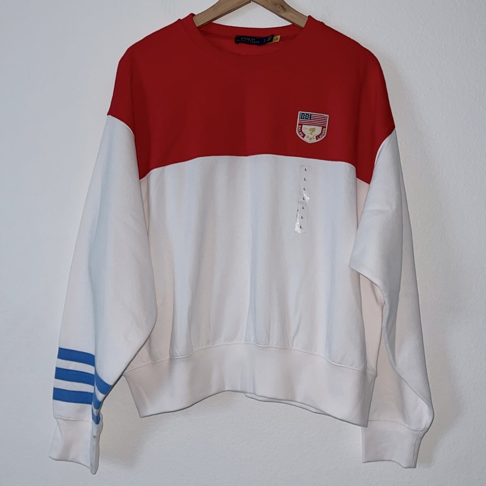 New Polo Ralph Lauren Red/White Fleece Sweater Size L